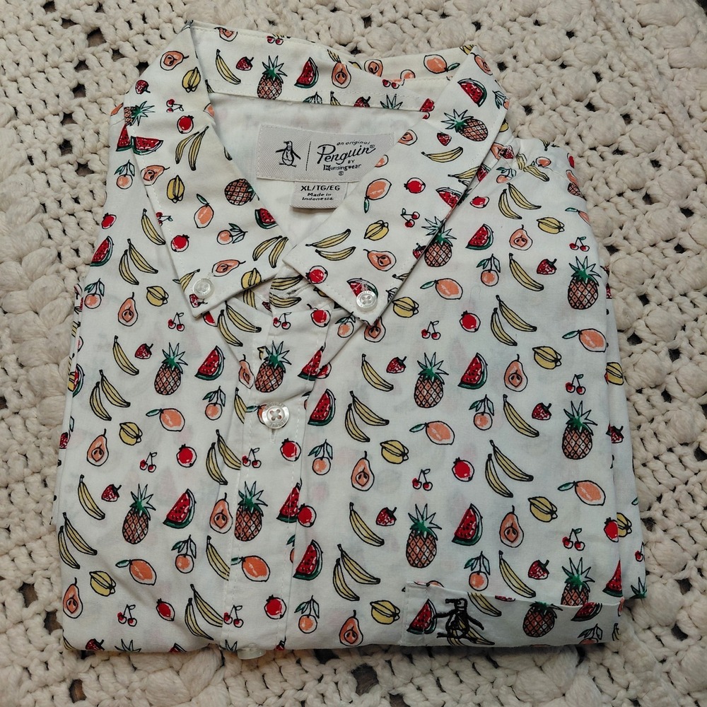 Lot 4 Penguin Mens XL Button Up AOP Graphic Shirt Funny Humor Shoes Ski Fruit - Picture 5 of 10